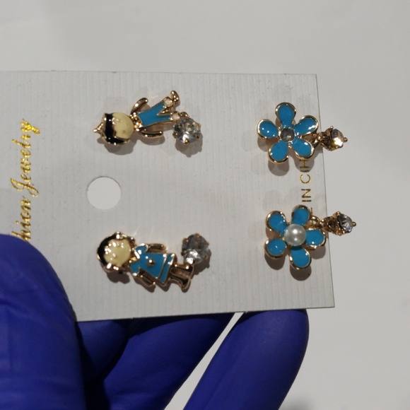 Gold Tone Blue Boy, Girl, and Flower Crystal Stud Earrings Set - Women's Jewelry - Picture 7 of 8